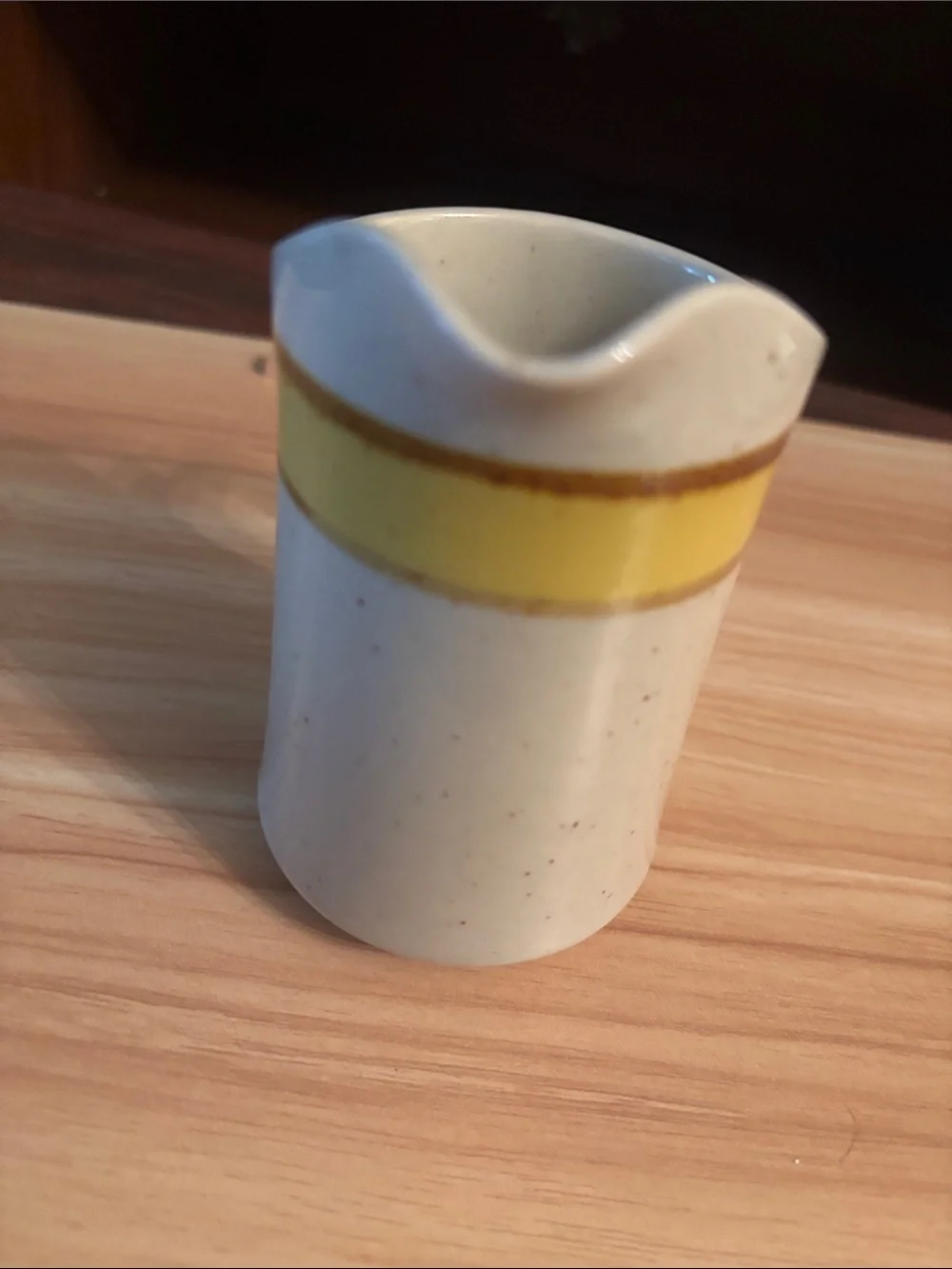 Rainbow Ceramic Creamer with Yellow Band and Brown Rim